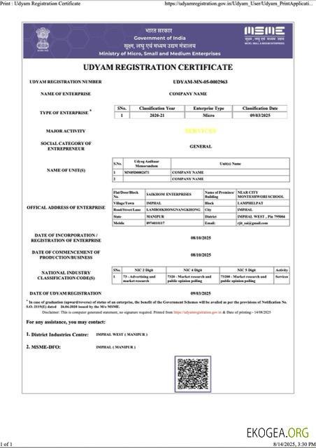 Modèle Word et PDF de certificat d'enregistrement India Udyam, version 7